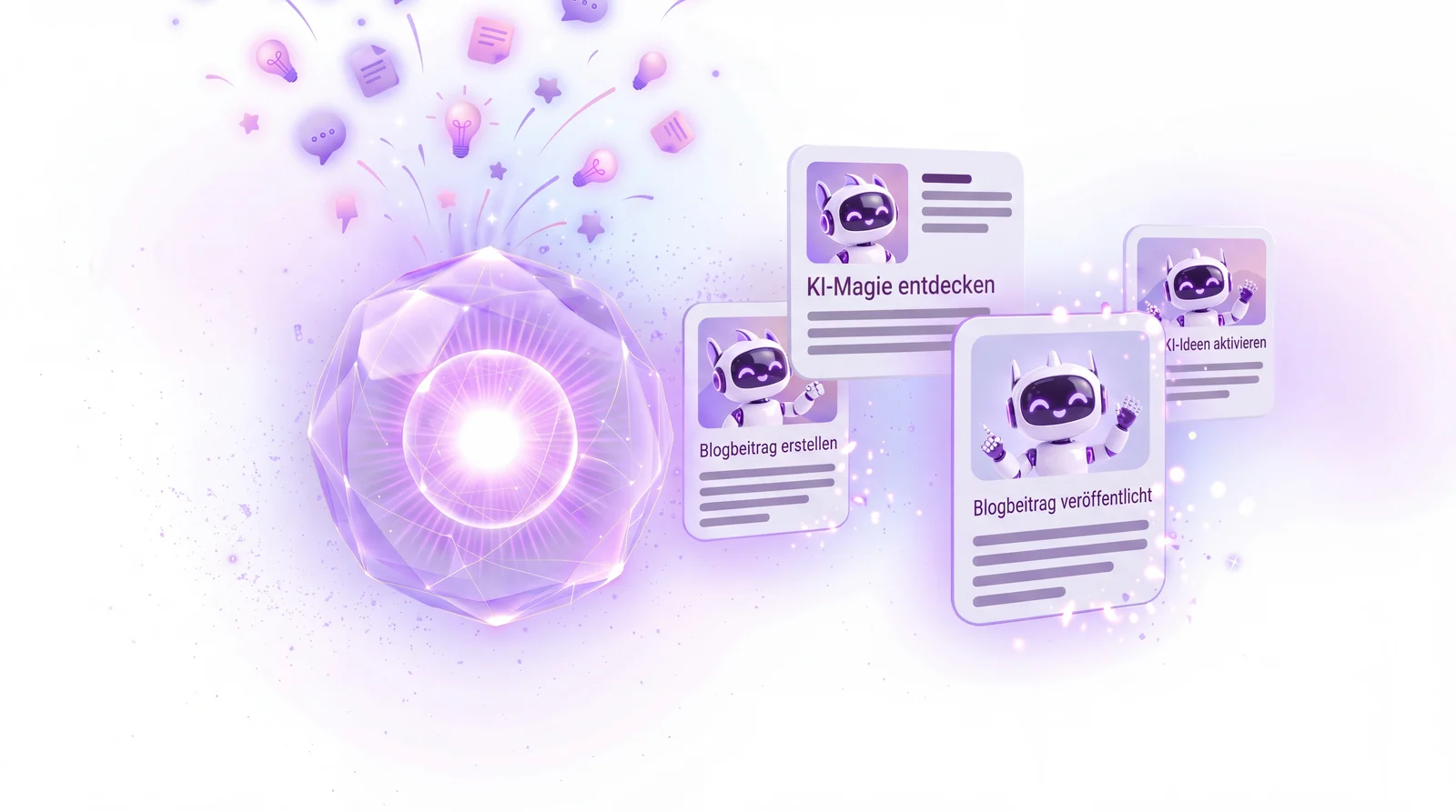 Fertige Beitragskarten treten aus dem Kristall, beschriftet mit „Blogbeitrag erstellen", „KI-Magie entdecken" und „Blogbeitrag veröffentlicht".