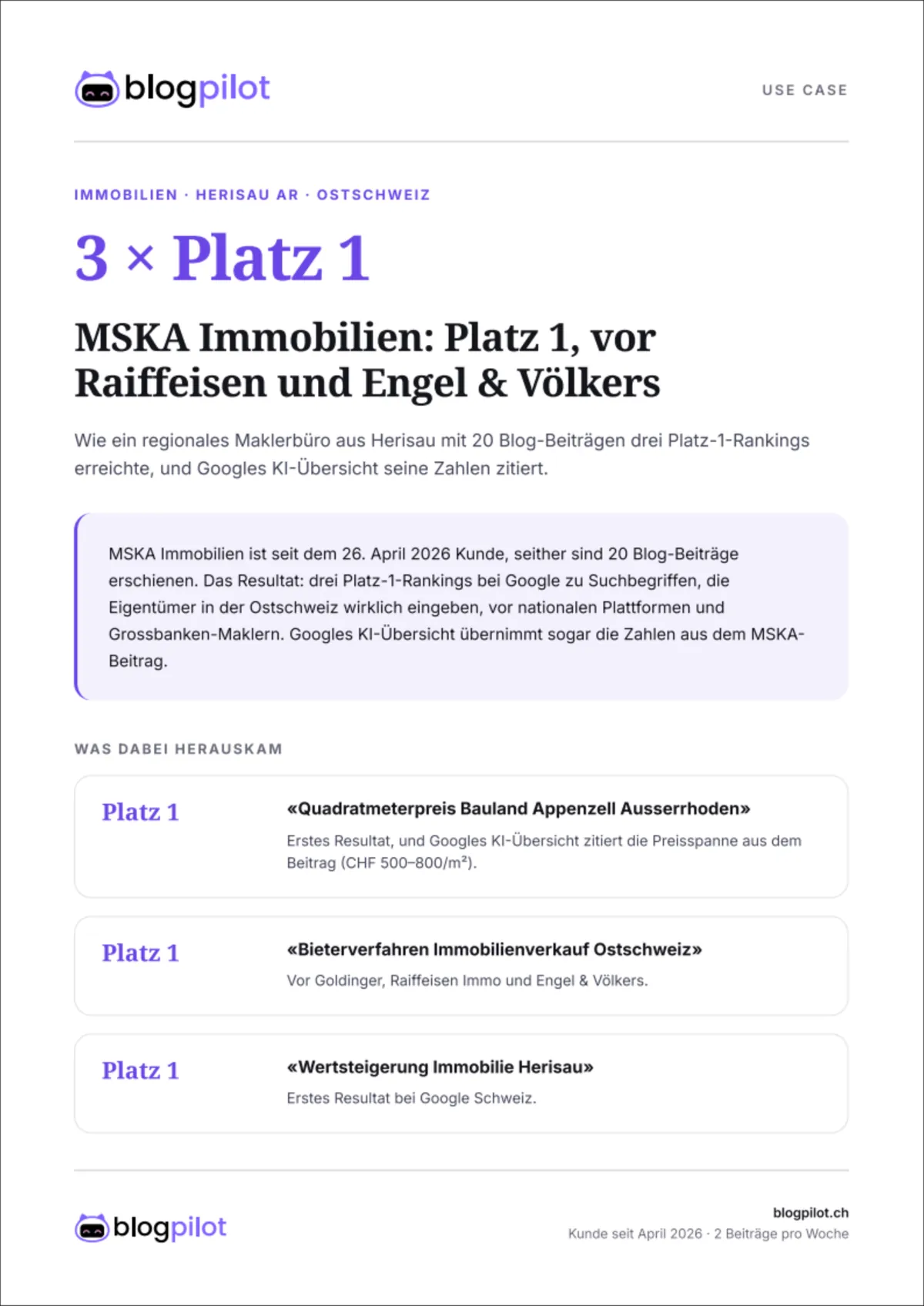 Use Case MSKA Immobilien: Platz 1, vor Raiffeisen und Engel & Völkers.